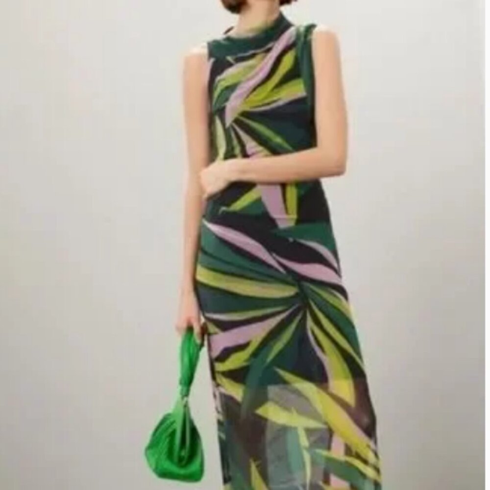 Donna Morgan abstract print mesh midi dress